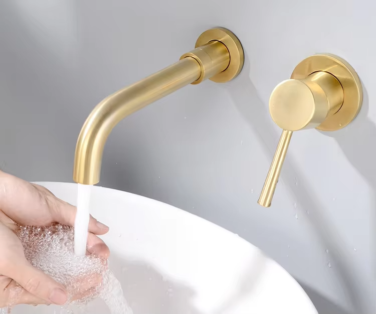 Brushed gold wall-mount basin mixer
