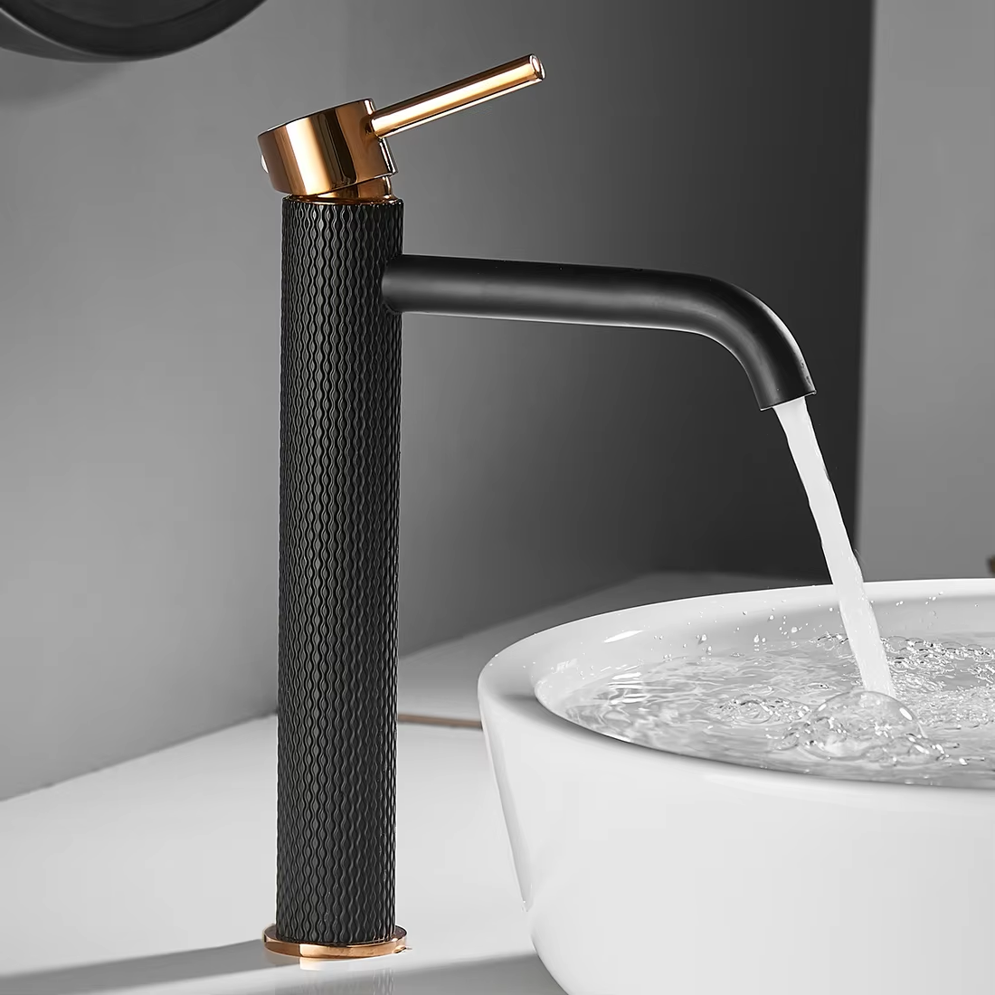 Ember faucet over a vessel sink