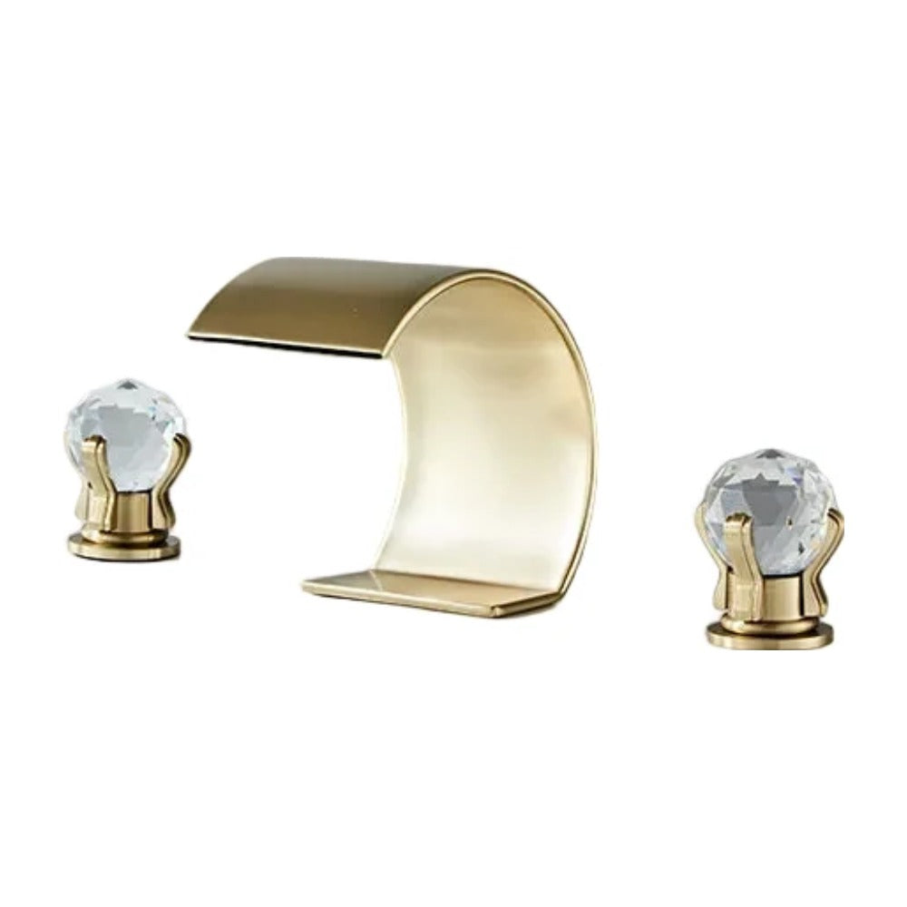 Lumière widespread waterfall faucet, brushed gold with crystal handles